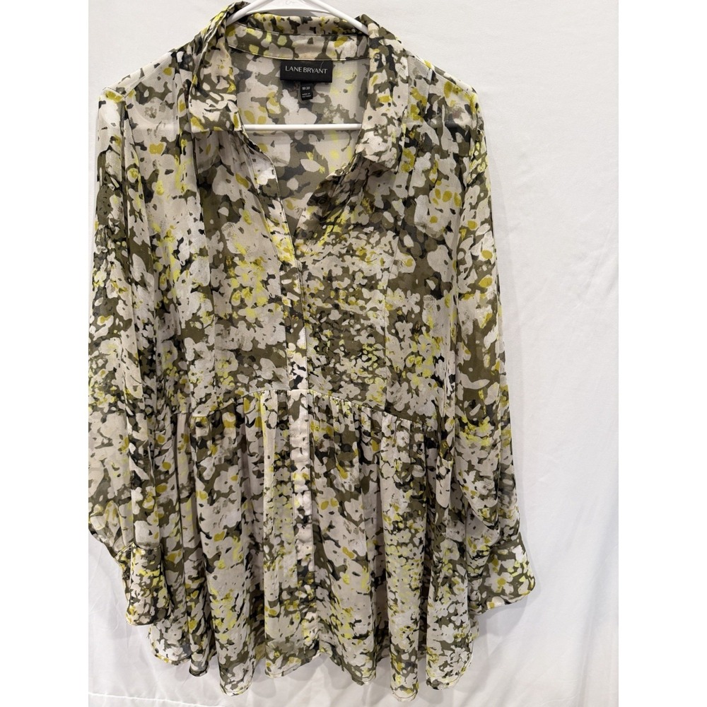 Lane Bryant Tunic Shirt Womens 18/20 Olive Green Yellow Abstract Floral Chiffon
